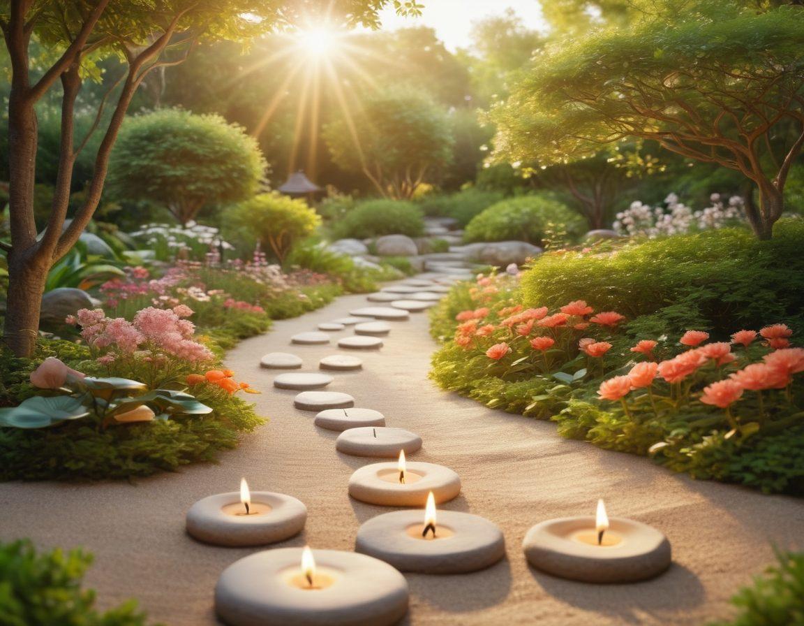 A serene zen garden with a pathway leading through blooming flowers, symbolizing emotional wellness and resilience. In the foreground, a person practicing mindfulness meditation with a peaceful expression, surrounded by soft, warm sunlight filtering through lush trees. Gentle colors that evoke calmness and joy, with elements representing therapy like books and candles softly illuminating the scene. super-realistic. warm colors. tranquil atmosphere.