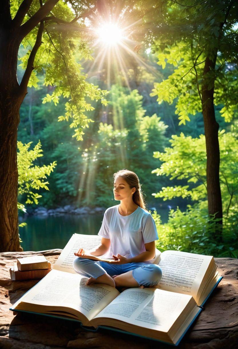 An open book surrounded by serene nature, with sunlight filtering through leaves, pages filled with uplifting quotes and psychological diagrams, depicting a balanced mind. A person in a meditative pose sits nearby, embodying peace and happiness. Soft pastel colors enhance the calm ambiance, creating a sense of joy and tranquility. super-realistic. vibrant colors. serene background.
