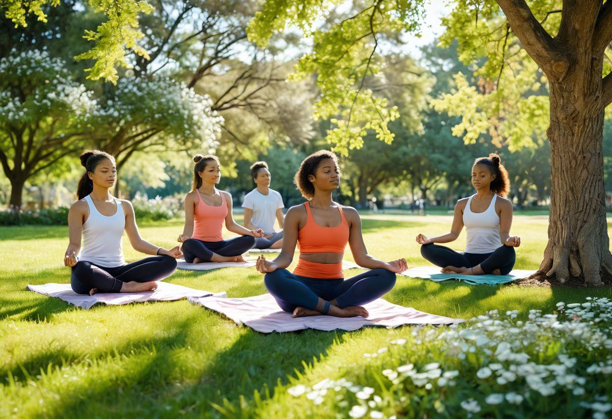 A serene scene featuring a diverse group of individuals engaging in various self-care activities like meditating, journaling, and practicing yoga in a sunlit park. Surround them with blooming flowers, gentle trees, and soft clouds to evoke tranquility and joy. The individuals should embody a sense of resilience and happiness, radiating positive energy. Include a warm color palette to enhance the feeling of comfort and nurturing. soft painting. vibrant colors.